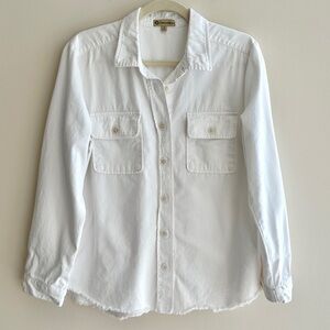 Democracy White Denim Button Down Shirt Jacket w/ Raw Hem & Pockets, Size Small